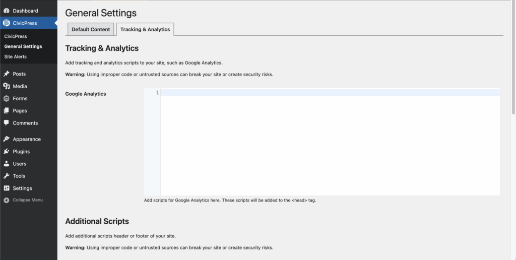 This image shows a tabbed interface for settings that are for tracking an analytics. There are text fields available for pasting tracking code from Google Analytics and elsewhere. 